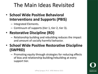 The Main Ideas Revisited
• School Wide Positive Behavioral
Interventions and Supports (PBIS)
– Integrated Elements.
– Continuum of supports (tier 1, tier 2, tier 3).
• Restorative Discipline (RD)
– Relationship building and rebuilding reduces the impact
and amount of socially harmful behavior.
• School Wide Positive Restorative Discipline
(SWPRD)
– Promoting equity through strategies for reducing effects
of bias and relationship building/rebuilding at every
support tier.
Jeffrey Sprague, Ph.D. APBS Webinar 2015 57
 