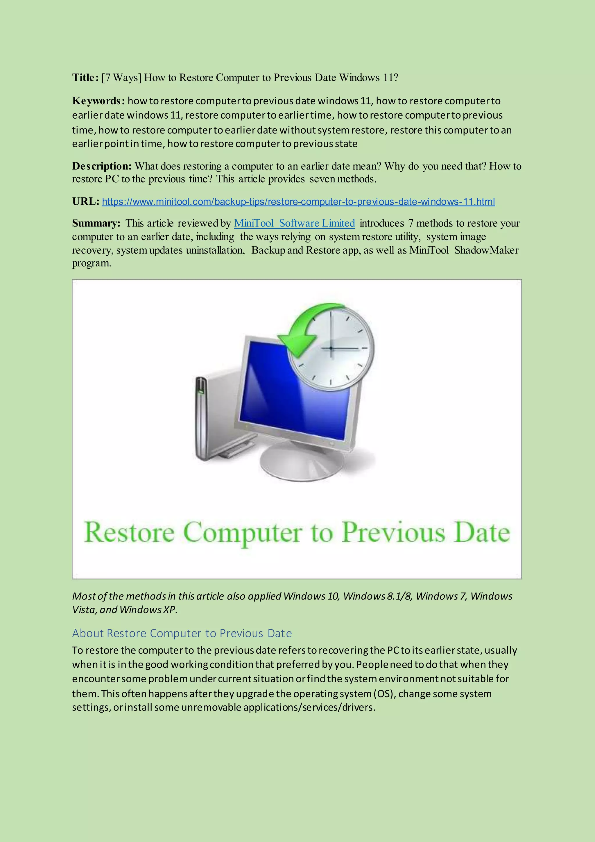 Restore computer to previous date windows 11 docx