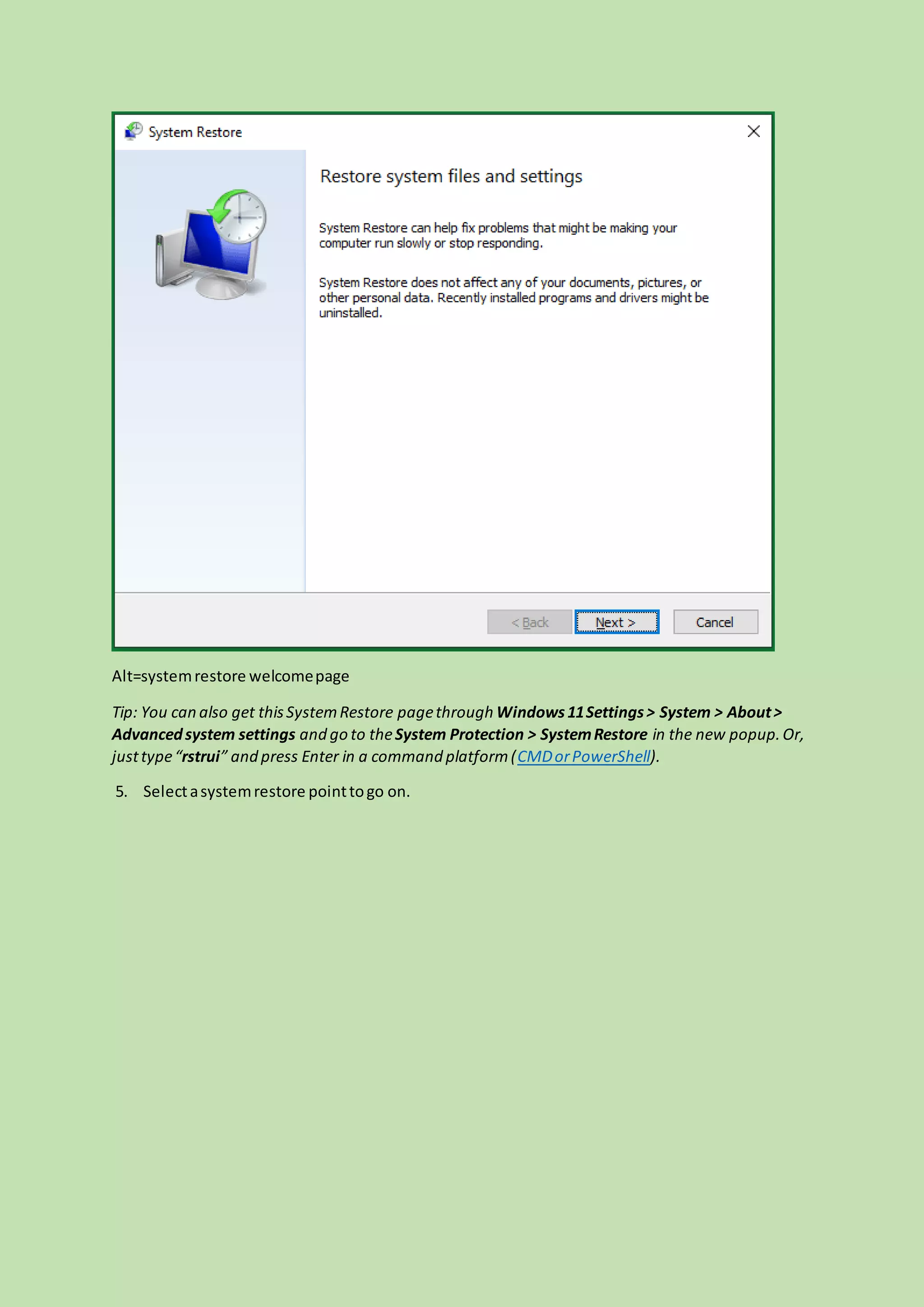 Restore computer to previous date windows 11 docx