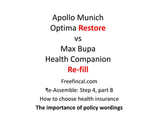 Apollo Munich
Optima Restore
vs
Max Bupa
Health Companion
Re-fill
Freefincal.com
₹e-Assemble: Step 4, part B
How to choose health insurance
The importance of policy wordings
 