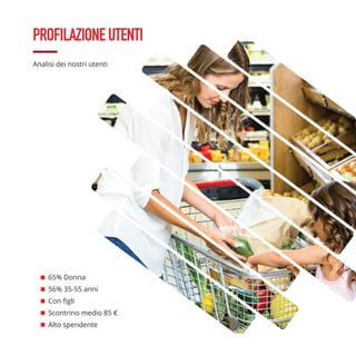 65% Donna
56% 35-55 anni
Con figli
Scontrino medio 85 €
Alto spendente
PROFILAZIONEUTENTI
Analisi dei nostri utenti
 