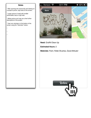 Notes
* After zooming into community and clicking on
a project's picture, app ﬂows to this screen.         Back
* Larger picture of need with smaller
(actionable) map on right side.

* Below picture and map are a few further
descriptions of the project.

* User can volunteer on the bottom of the
screen using the "Volunteer" button.

*

*

*




                                                 Need: Grafﬁti Clean Up

                                                 Estimated Hours: 2

                                                 Materials: Paint, Roller Brushes, Good Attitude!




                                                                          Restore
 