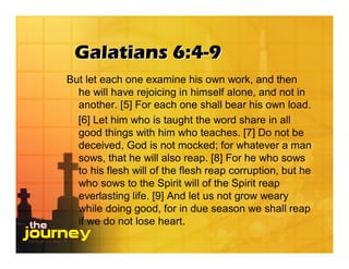 Galatians 6:4-9
But let each one examine his own work, and then
  he will have rejoicing in himself alone, and not in
  another. [5] For each one shall bear his own load.
  [6] Let him who is taught the word share in all
  good things with him who teaches. [7] Do not be
  deceived, God is not mocked; for whatever a man
  sows, that he will also reap. [8] For he who sows
  to his flesh will of the flesh reap corruption, but he
  who sows to the Spirit will of the Spirit reap
  everlasting life. [9] And let us not grow weary
  while doing good, for in due season we shall reap
  if we do not lose heart.
 