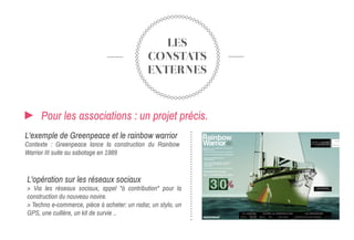 LES
CONSTATS
EXTERNES
Pour les associations : un projet précis.
L'exemple de Greenpeace et le rainbow warrior
Contexte : Greenpeace lance la construction du Rainbow
Warrior III suite au sabotage en 1989
L'opération sur les réseaux sociaux
> Via les réseaux sociaux, appel "à contribution" pour la
construction du nouveau navire.
> Techno e-commerce, pièce à acheter: un radar, un stylo, un
GPS, une cuillère, un kit de survie ..
 