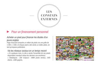 LES
CONSTATS
EXTERNES
Pour un financement personnel
Acheter un pixel pour financer les études d'un
jeune anglais
Page d’accueil comporte un million de pixels via une grille de
1 000 × 1 000, et chaque pixel a été vendu un dollar pièce, en
tant qu’espace publicitaire.
Via les réseaux sociaux en un temps record
> En quelques mois, le site a vendu l’ensemble de ses pixels
disponibles (vendant même les derniers aux enchères).
> Statistiques : 25K VU/jours - 999K pixels vendus, 1400
clients, +1M$ gagnés,
 