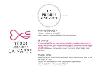 UN
PREMIER
ONE-SHOT
Pourquoi la nappe ?
> Nappe : symbole de convivialité
> Pour couvrir les tréteaux utilisés lors des repas distribués
Le principe
L'internaute achète une zone personnalisable, proportionnellement à la
hauteur de son don, pour laisser un message ou une photo sur une nappe
virtuelle. Cette nappe en papier sera ensuite imprimée et utiliser lors des repas
distribués.
Dans le détail...
> Opération lancée sur les réseaux sociaux qui redirige vers une page dédié du site
des Restos du Coeur
> Ouvert aux particuliers mais aussi aux entreprises & associations
> Fin de l'opération : relai avec une vidéo virale
 