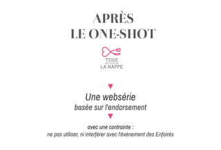APRÈS
LE ONE-SHOT
Une websérie
basée sur l'endorsement
avec une contrainte :
ne pas utiliser, ni interférer avec l'évènement des Enfoirés
 