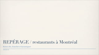 REPÉRAGE / restaurants à Montréal
Restos chic, branchés et dynamiques!
2014-02-14

 
