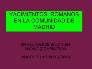 YACIMIENTOS  ROMANOS EN LA COMUNIDAD DE MADRID EN VILLAVERDE BAJO Y EN ALCALÁ (COMPLUTUM) (ÁNGELES PATIÑO PATIÑO) 