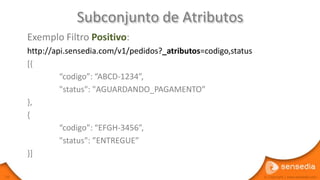 Subconjunto de Atributos
     Exemplo Filtro Positivo:
     http://api.sensedia.com/v1/pedidos?_atributos=codigo,status
     [{
              “codigo”: “ABCD-1234”,
              "status": "AGUARDANDO_PAGAMENTO”
     },
     {
              “codigo”: “EFGH-3456”,
              "status": ”ENTREGUE”
     }]

55                                                                 © Copyright | www.sensedia.com
 