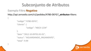 Subconjunto de Atributos
     Exemplo Filtro Negativo
     http://api.sensedia.com/v1/pedidos/4780-DEFG?_atributos=!itens
     {
             “codigo”:”4780-DEFG”,
             “cliente”: {
                        “codigo”: “ABCD-1234”
             },
             “data”:"2012-10-09T01:01:01",
             "status": "AGUARDANDO_PAGAMENTO",
             “total”: 9.99
     }

56                                                               © Copyright | www.sensedia.com
 