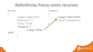 Referências fracas entre recursos
     Produto:                              Categoria:
     {                                     {
                “codigo”:”ABCD-1234”,               “codigo”:”EFGH-5678”,
                “descricao”:”…”,                    “nome”:”smartphones”
                “preco”: 10.00,            }
                “categoria”: {
                         “codigo”:”EFGH-
     5678”
                }
     }



66                                                                   © Copyright | www.sensedia.com
 