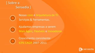 [ Sobre a
          Sensedia ]

            Nosso core é Arquitetura de TI:
            Serviços & Ferramentas.

            Ajudamos empresas a serem
            Mais Ágeis, Flexíveis e Inovadoras

            Crescimento consistente:
            63% CAGR 2007-2011

6                                                © Copyright | www.sensedia.com
 