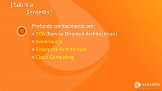 [ Sobre a
          Sensedia ]

            Profundo conhecimento em:
            √ SOA (Service Oriented Architechture)
            √ Governança
            √ Enterprise Architecture
            √ Cloud Computing




7                                                    © Copyright | www.sensedia.com
 