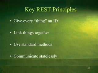 Key REST Principles Give every “thing” an ID Link things together Use standard methods Communicate statelessly 
