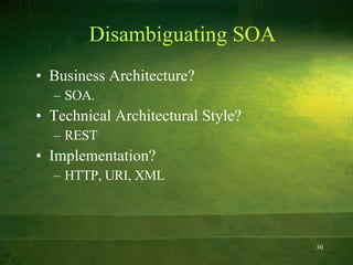 Disambiguating SOA Business Architecture? SOA. Technical Architectural Style? REST Implementation? HTTP, URI, XML 
