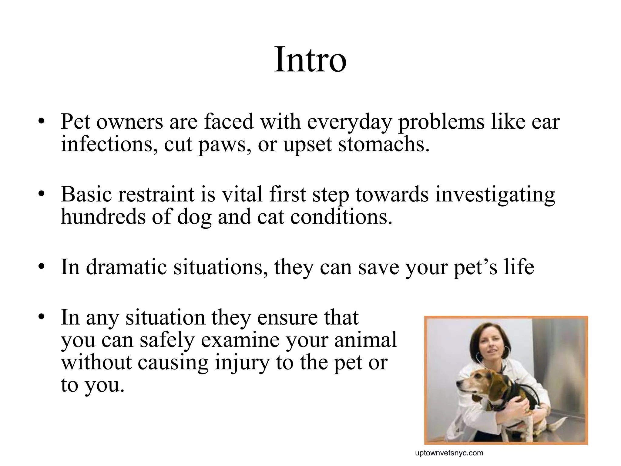 Intro
• Pet owners are faced with everyday problems like ear
infections, cut paws, or upset stomachs.
• Basic restraint is vital first step towards investigating
hundreds of dog and cat conditions.
• In dramatic situations, they can save your pet’s life
• In any situation they ensure that
you can safely examine your animal
without causing injury to the pet or
to you.
uptownvetsnyc.com
 