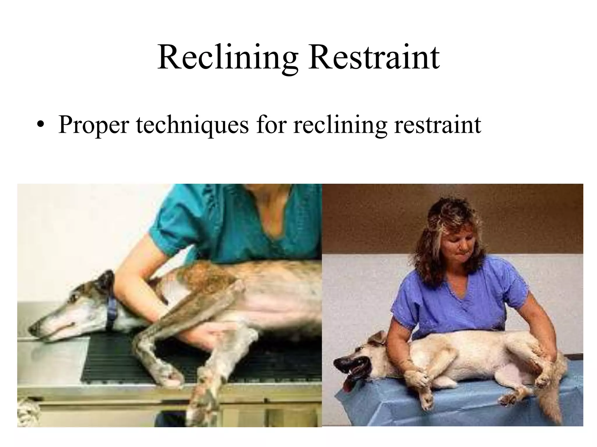 Reclining Restraint
• Proper techniques for reclining restraint
 