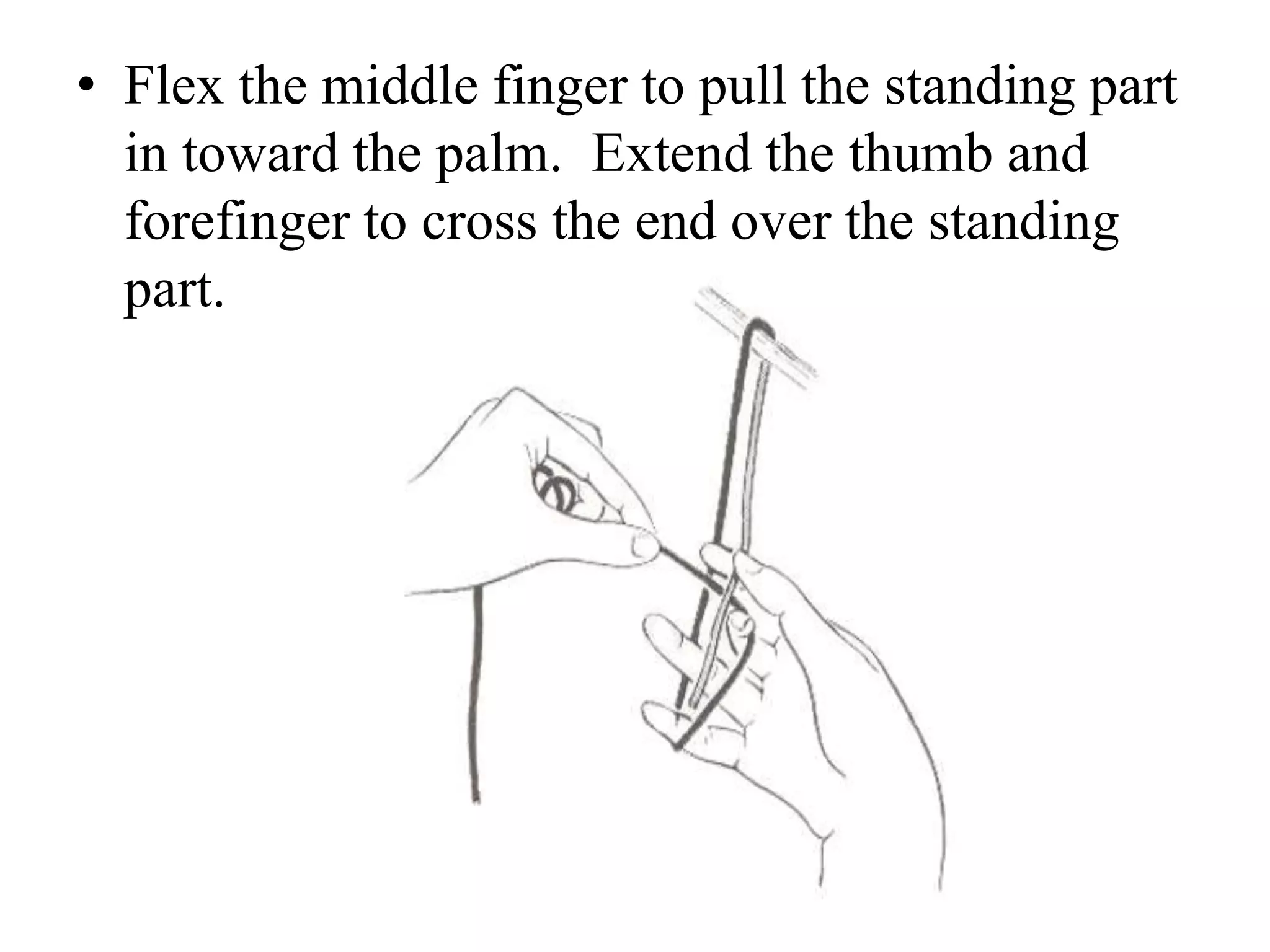 • Flex the middle finger to pull the standing part
in toward the palm. Extend the thumb and
forefinger to cross the end over the standing
part.
 