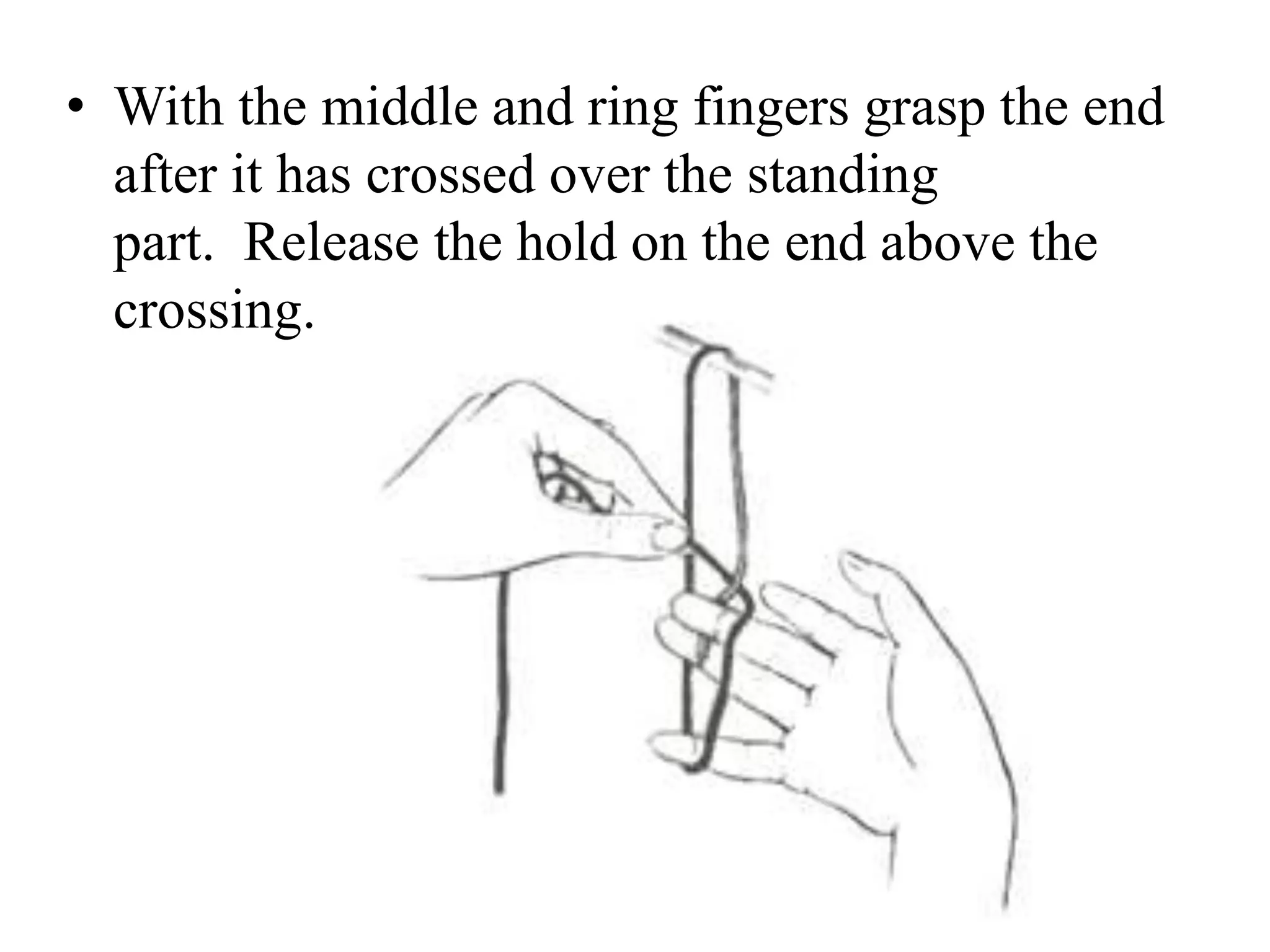 • With the middle and ring fingers grasp the end
after it has crossed over the standing
part. Release the hold on the end above the
crossing.
 