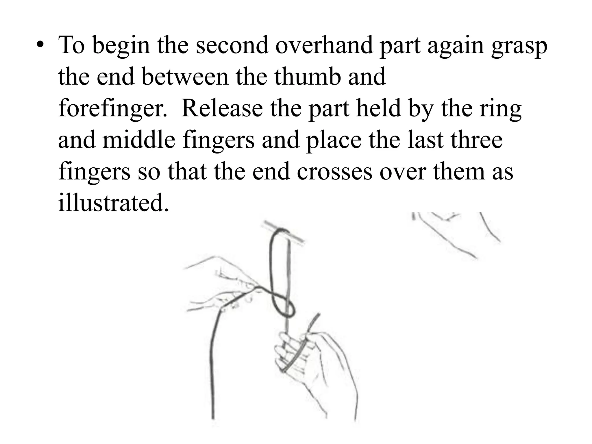 • To begin the second overhand part again grasp
the end between the thumb and
forefinger. Release the part held by the ring
and middle fingers and place the last three
fingers so that the end crosses over them as
illustrated.
 