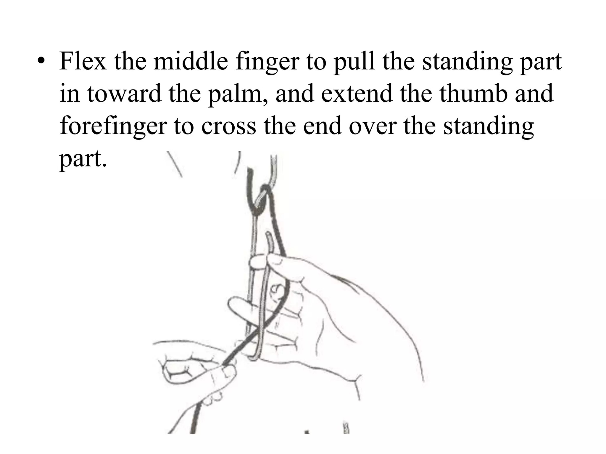 • Flex the middle finger to pull the standing part
in toward the palm, and extend the thumb and
forefinger to cross the end over the standing
part.
 