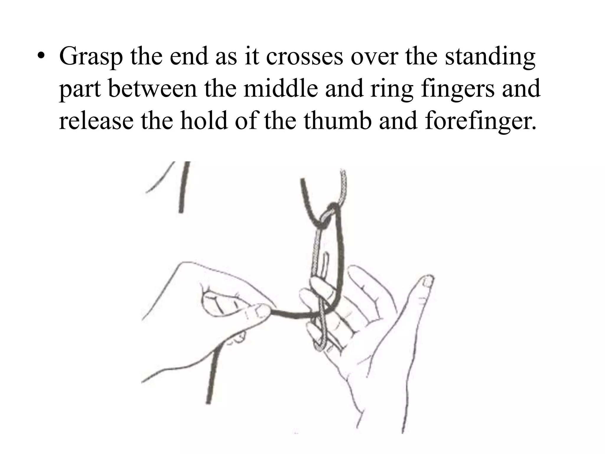 • Grasp the end as it crosses over the standing
part between the middle and ring fingers and
release the hold of the thumb and forefinger.
 