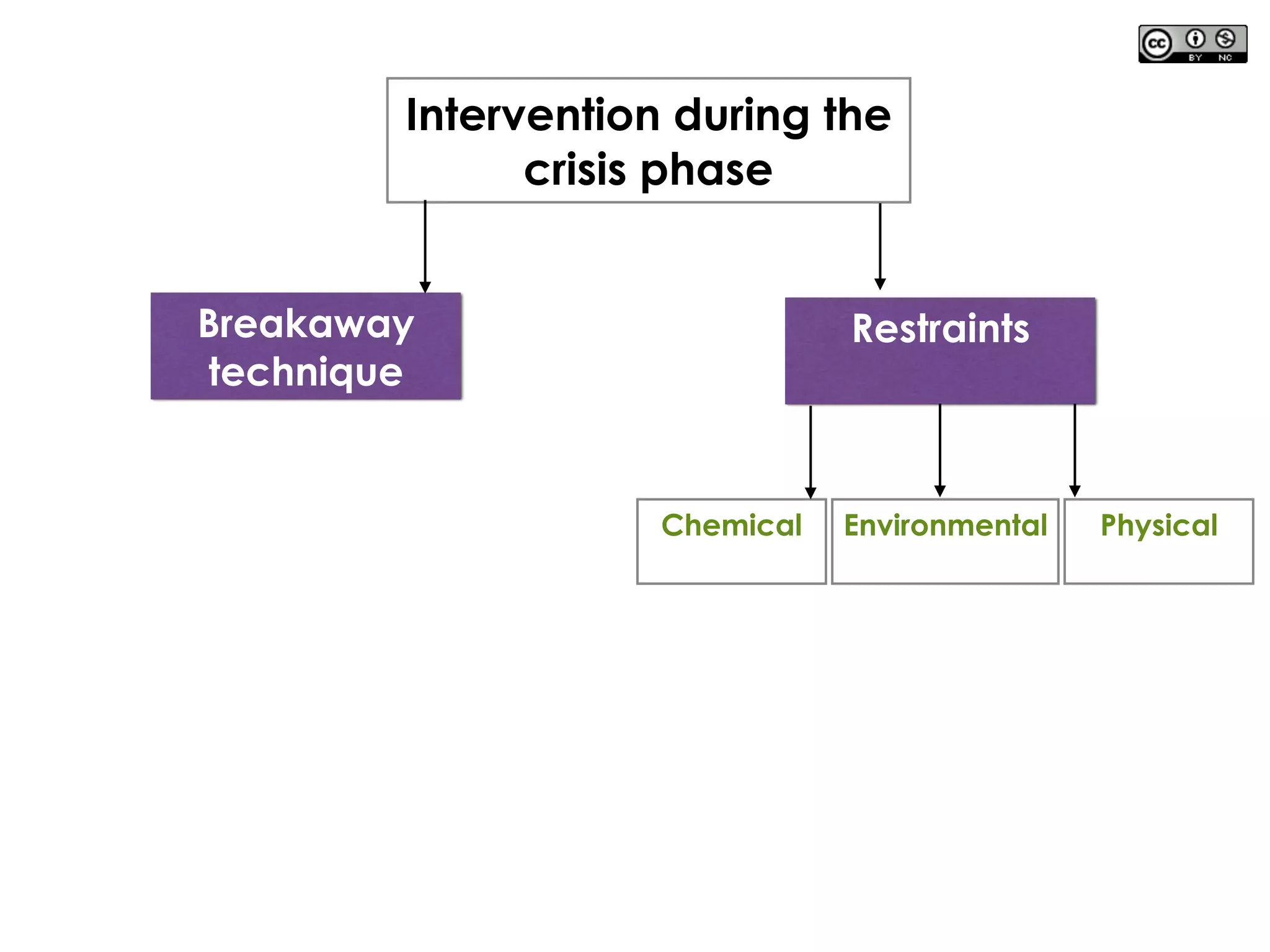 Intervention during the
crisis phase
Breakaway
technique
Restraints
PhysicalChemical Environmental
 