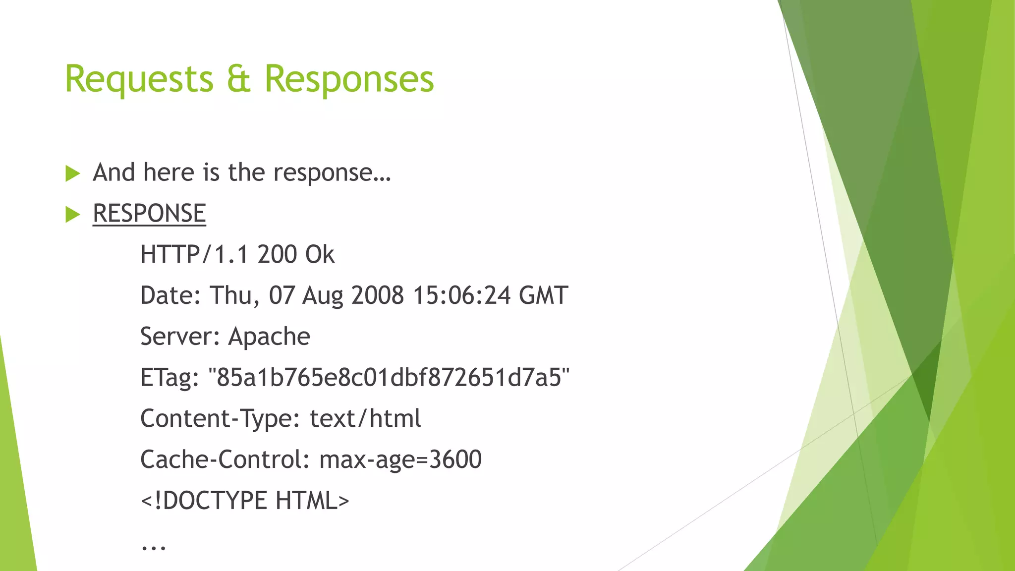 Requests & Responses
 And here is the response…
 RESPONSE
HTTP/1.1 200 Ok
Date: Thu, 07 Aug 2008 15:06:24 GMT
Server: Apache
ETag: "85a1b765e8c01dbf872651d7a5"
Content-Type: text/html
Cache-Control: max-age=3600
<!DOCTYPE HTML>
...
 