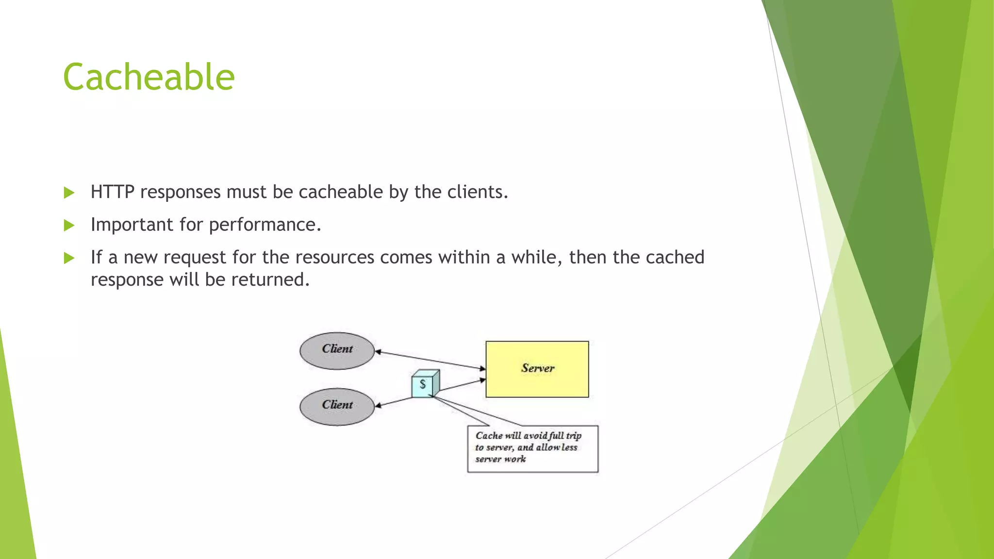 Cacheable
 HTTP responses must be cacheable by the clients.
 Important for performance.
 If a new request for the resources comes within a while, then the cached
response will be returned.
 