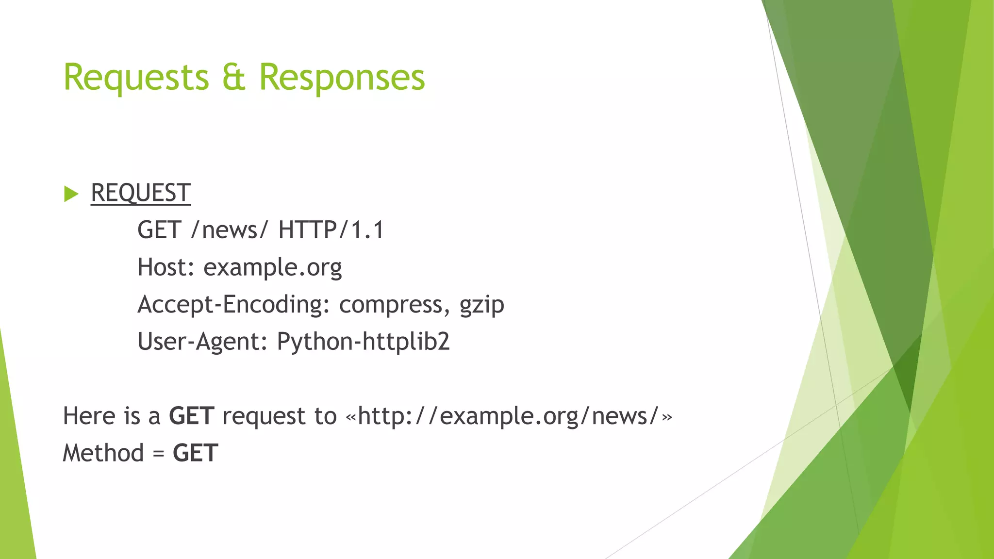 Requests & Responses
 REQUEST
GET /news/ HTTP/1.1
Host: example.org
Accept-Encoding: compress, gzip
User-Agent: Python-httplib2
Here is a GET request to «http://example.org/news/»
Method = GET
 