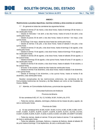 BOLETÍN OFICIAL DEL ESTADO
Núm. 33	 Sábado 7 de febrero de 2015	 Sec. I. Pág. 10287
ANEXO I
Restricciones a pruebas deportivas, marchas ciclistas y otros eventos en carretera
1.º  En general en todas las carreteras las siguientes fechas:
–  Desde el viernes 27 de marzo, a las doce horas, hasta el domingo 29 de marzo, a
las veinticuatro horas.
– Desde el miércoles 1 de abril, a las diez horas, hasta el lunes 6 de abril, a las
veinticuatro horas.
– Desde el jueves 30 de abril, a las diez horas, hasta el viernes 1 de mayo, a las
quince horas.
–  El domingo 3 de mayo, desde las doce hasta las veinticuatro horas.
– Desde el viernes 3 de julio, a las doce horas, hasta el sábado 4 de julio, a las
quince horas.
–  Desde el viernes 31 de julio, a las doce horas, hasta el domingo 2 de agosto, a las
veinticuatro horas.
–  Desde el viernes 14 de agosto, a las doce horas, hasta el domingo 16 de agosto, a
las veinticuatro horas.
–  Desde el viernes 28 de agosto, a las doce horas, hasta el sábado 29 de agosto, a
las quince horas.
–  Desde el domingo 30 de agosto, a las quince horas, hasta el lunes 31 de agosto, a
las veinticuatro horas.
–  Desde el viernes 9 de octubre, a las doce horas, hasta el sábado 10 de octubre, a
las quince horas.
–  El lunes 12 de octubre, desde las diez hasta las veinticuatro horas.
–  Desde el viernes 4 de diciembre, a las doce horas, hasta el sábado 5 de diciembre,
a las quince horas.
– Desde el domingo 6 de diciembre, a las quince horas, hasta el martes 8 de
diciembre, a las veinticuatro horas.
Quedan exceptuadas de las restricciones anteriores, las carreteras de las
Comunidades Autónomas de Canarias y de Illes Balears así como en las Ciudades de
Ceuta y Melilla.
2.º  Además, en Comunidades Autónomas y provincias las siguientes:
Comunidad Autónoma de Andalucía
Provincia de Almería
En las carreteras A-92, A-7, AL-12, N-340a, N-341, N-344 y AL-3115:
–  Todos los viernes, sábados, domingos y festivos de los meses de julio y agosto, de
cero a veinticuatro horas.
Provincia de Cádiz
a)  En las carreteras N-IV, N-340, N-351, N-443, A-314, A-383, A-390, A-396, A-471,
A-491, A-2001, A-2075, A-2076, A-2077, A-2078, A-2079, A-2101, A-2102, A-2103,
A-2227, A-2229, A-2230, A-2231, A-2232, A-2233, A-2325, CA-3206, CA-3208 Y CA-4202:
–  Todos los viernes, desde el viernes 19 de junio hasta el viernes 11 de septiembre,
de trece a veinticuatro horas.
– Todos los sábados, domingos, festivos y vísperas de festivos, desde el sábado 20
de junio hasta el domingo 13 de septiembre, de cero a veinticuatro horas.
cve:BOE-A-2015-1156
 