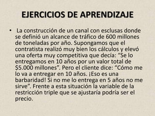 EJERCICIOS DE APRENDIZAJE
• La construcción de un canal con esclusas donde
se definió un alcance de tráfico de 600 millones
de toneladas por año. Supongamos que el
contratista realizó muy bien los cálculos y elevó
una oferta muy competitiva que decía: “Se lo
entregamos en 10 años por un valor total de
$5.000 millones”. Pero el cliente dice: “Cómo me
lo va a entregar en 10 años. ¡Eso es una
barbaridad! Si no me lo entrega en 5 años no me
sirve”. Frente a esta situación la variable de la
restricción triple que se ajustaría podría ser el
precio.
 