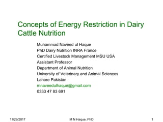 Concepts of Energy Restriction in Dairy
Cattle Nutrition
Muhammad Naveed ul Haque
PhD Dairy Nutrition INRA France
Certified Livestock Management MSU USA
Assistant Professor
Department of Animal Nutrition
University of Veterinary and Animal Sciences
Lahore Pakistan
mnaveedulhaque@gmail.com
0333 47 83 691
11/29/2017 M N Haque, PhD 1
 