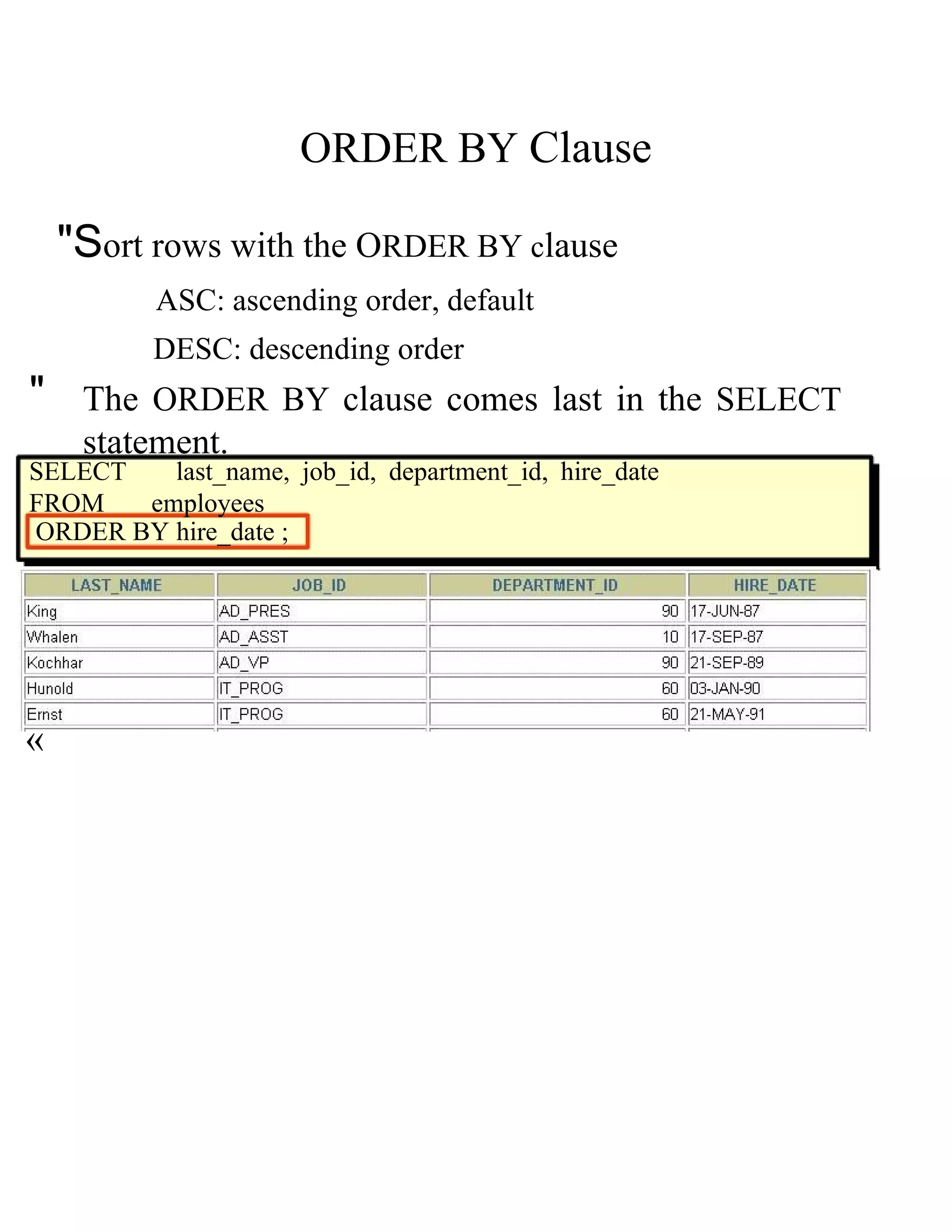 ORDER BY Clause &quot;S ort rows with the O RDER BY c lause ASC: ascending order, default DESC: descending order &quot; The ORDER BY clause comes last in the SELECT statement. SELECT last_name, job_id, department_id, hire_date FROM employees ORDER BY hire_date ; « 