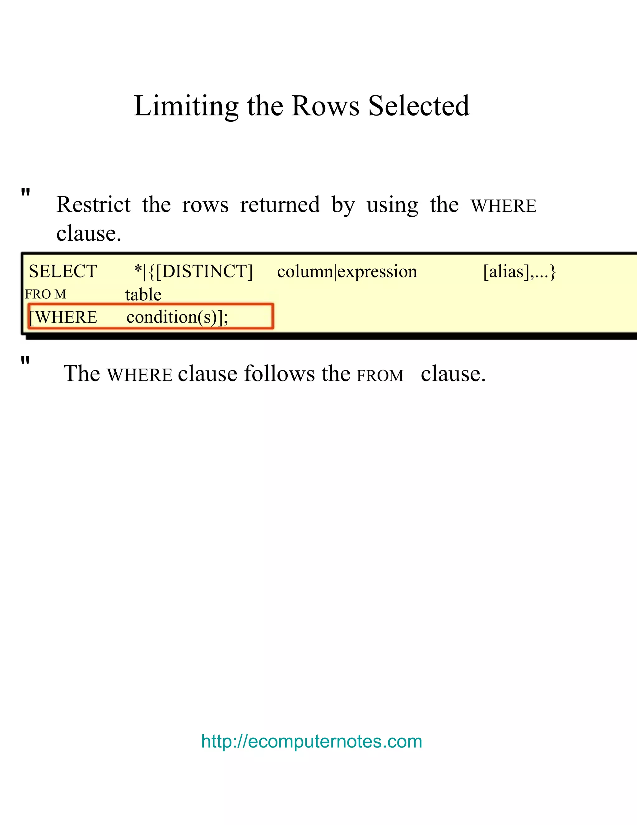 Limiting the Rows Selected &quot; Restrict the rows returned by using the WHERE clause. SELECT *|{[DISTINCT] column|expression [ alias ],...} FRO M table [WHERE condition(s) ]; &quot; The WHERE clause follows the FROM clause. http://ecomputernotes.com 