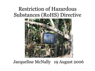 Restriction of Hazardous
Substances (RoHS) Directive




                           Image: European Commission
Jacqueline McNally 19 August 2006