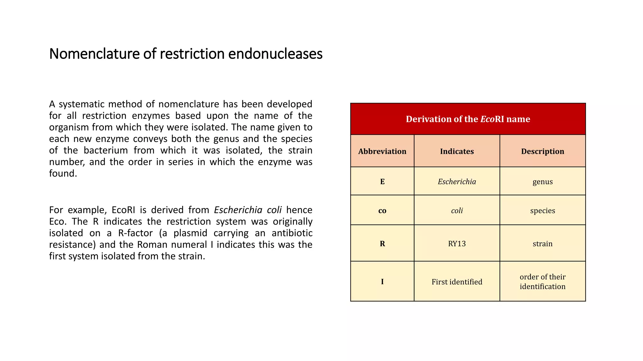 Nomenclature of restriction endonucleases
A systematic method of nomenclature has been developed
for all restriction enzymes based upon the name of the
organism from which they were isolated. The name given to
each new enzyme conveys both the genus and the species
of the bacterium from which it was isolated, the strain
number, and the order in series in which the enzyme was
found.
For example, EcoRI is derived from Escherichia coli hence
Eco. The R indicates the restriction system was originally
isolated on a R-factor (a plasmid carrying an antibiotic
resistance) and the Roman numeral I indicates this was the
first system isolated from the strain.
Derivation of the EcoRI name
Abbreviation Indicates Description
E Escherichia genus
co coli species
R RY13 strain
I First identified
order of their
identification
 