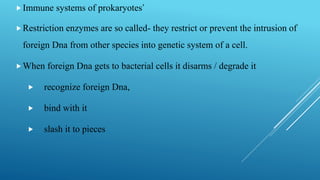 Immune systems of prokaryotes’
Restriction enzymes are so called- they restrict or prevent the intrusion of
foreign Dna from other species into genetic system of a cell.
When foreign Dna gets to bacterial cells it disarms / degrade it
 recognize foreign Dna,
 bind with it
 slash it to pieces
 