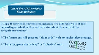 Cut of Type II Restriction
Endonucleases
Type II restriction enzymes can generate two different types of cuts
depending on whether they cut both strands at the centre of the
recognition sequence:
The former cut will generate “blunt ends” with no nucleotideoverhangs.
The latter, generates “sticky” or “cohesive” ends
 