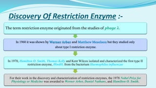 Discovery Of Restriction Enzyme :-
The term restriction enzyme originated from the studies of phage λ.
In 1970, Hamilton O. Smith, Thomas Kelly and Kent Wilcox isolated and characterized the first type II
restriction enzyme, HindII, from the bacterium Haemophilus influenzae
For their work in the discovery and characterization of restriction enzymes, the 1978 Nobel Prize for
Physiology or Medicine was awarded to Werner Arber, Daniel Nathans, and Hamilton O. Smith.
 