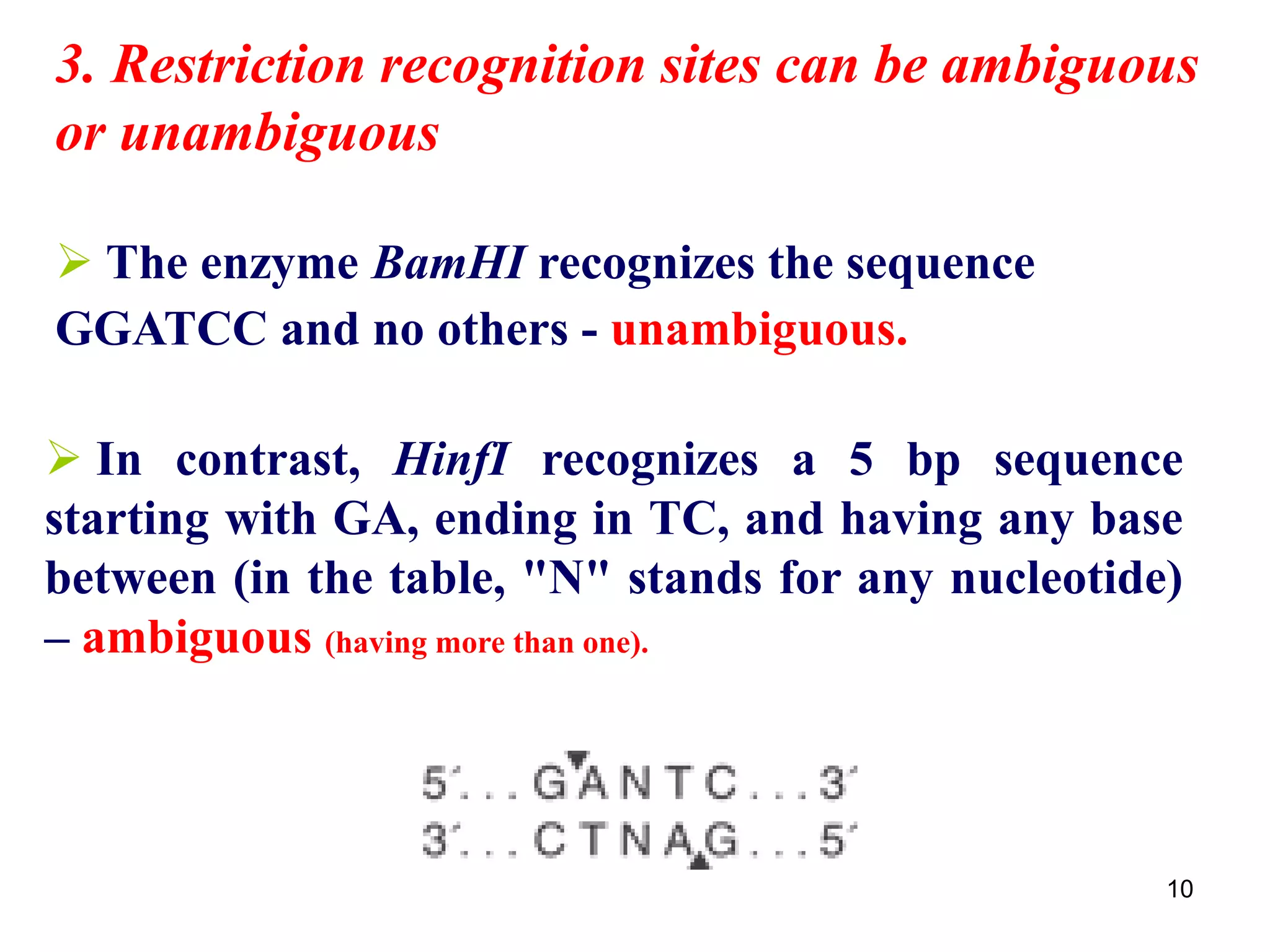  In contrast, HinfI recognizes a 5 bp sequence
starting with GA, ending in TC, and having any base
between (in the table, "N" stands for any nucleotide)
– ambiguous (having more than one).
3. Restriction recognition sites can be ambiguous
or unambiguous
 The enzyme BamHI recognizes the sequence
GGATCC and no others - unambiguous.
10
 