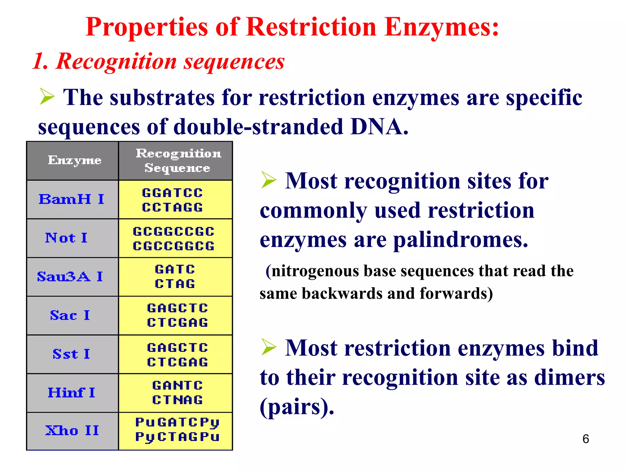 Properties of Restriction Enzymes:
 The substrates for restriction enzymes are specific
sequences of double-stranded DNA.
 Most recognition sites for
commonly used restriction
enzymes are palindromes.
(nitrogenous base sequences that read the
same backwards and forwards)
 Most restriction enzymes bind
to their recognition site as dimers
(pairs).
6
1. Recognition sequences
 