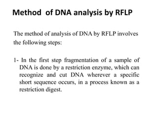 The method of analysis of DNA by RFLP involves
the following steps:
1- In the first step fragmentation of a sample of
DNA is done by a restriction enzyme, which can
recognize and cut DNA wherever a specific
short sequence occurs, in a process known as a
restriction digest.
Method of DNA analysis by RFLP
 