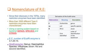  Nomenclature of R.E:
• Since their discovery in the 1970s, many
restriction enzymes have been identified.
• More than 3500 different Type II
restriction enzymes have been
characterized.
• Using a naming system based on
bacterial GENUS, SPECIES and
STRAIN.
• E.C. number of EcoRI enzyme is
3.1.23.13.
• HindII enzyme: Genus: Haemophilus
Species: influenzae; Strain: Rd and
second identified.
Derivation of the EcoRI name
Abbreviation Meaning Description
E Escherichia genus
co coli specific species
R RY13 strain
I
First
identified
order of
identification
in the
bacterium
 