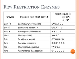 FEW RESTRICTION ENZYMES 
Enzyme 
Organism from which derived 
Target sequence (cut at *) 5' -->3' 
Bam HI 
Bacillus amyloliquefaciens 
G* G A T C C 
Eco RI 
Escherichia coli RY 13 
G* A A T T C 
Hind III 
Haemophilus inflenzae Rd 
A* A G C T T 
Mbo I 
Moraxella bovis 
*G A T C 
Pst I 
Providencia stuartii 
C T G C A * G 
Sma I 
Serratia marcescens 
C C C * G G G 
Taq I 
Thermophilus aquaticus 
T * C G A 
Xma I 
Xanthamonas malvacearum 
C * C C G G G  
