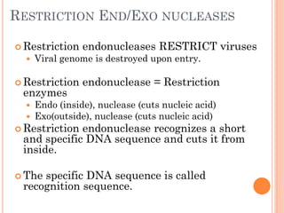 RESTRICTION END/EXO NUCLEASES 
Restriction endonucleases RESTRICT viruses 
Viral genome is destroyed upon entry. 
Restriction endonuclease = Restriction enzymes 
Endo (inside), nuclease (cuts nucleic acid) 
Exo(outside), nuclease (cuts nucleic acid) 
Restriction endonuclease recognizes a short and specific DNA sequence and cuts it from inside. 
The specific DNA sequence is called recognition sequence.  