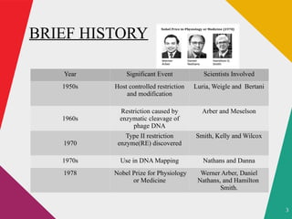 3
BRIEF HISTORY
Year Significant Event Scientists Involved
1950s Host controlled restriction
and modification
Luria, Weigle and Bertani
1960s
Restriction caused by
enzymatic cleavage of
phage DNA
Arber and Meselson
1970
Type II restriction
enzyme(RE) discovered
Smith, Kelly and Wilcox
1970s Use in DNA Mapping Nathans and Danna
1978 Nobel Prize for Physiology
or Medicine
Werner Arber, Daniel
Nathans, and Hamilton
Smith.
 