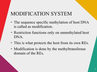 5
MODIFICATION SYSTEM
●
The sequence specific methylation of host DNA
is called as modification.
●
Restriction functions o...
