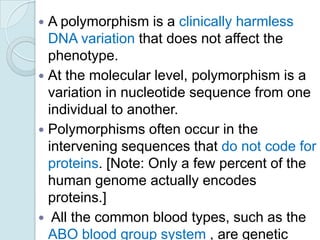 A polymorphism is a clinically harmless
DNA variation that does not affect the
phenotype.
 At the molecular level, polymorphism is a
variation in nucleotide sequence from one
individual to another.
 Polymorphisms often occur in the
intervening sequences that do not code for
proteins. [Note: Only a few percent of the
human genome actually encodes
proteins.]
 All the common blood types, such as the
ABO blood group system , are genetic


 